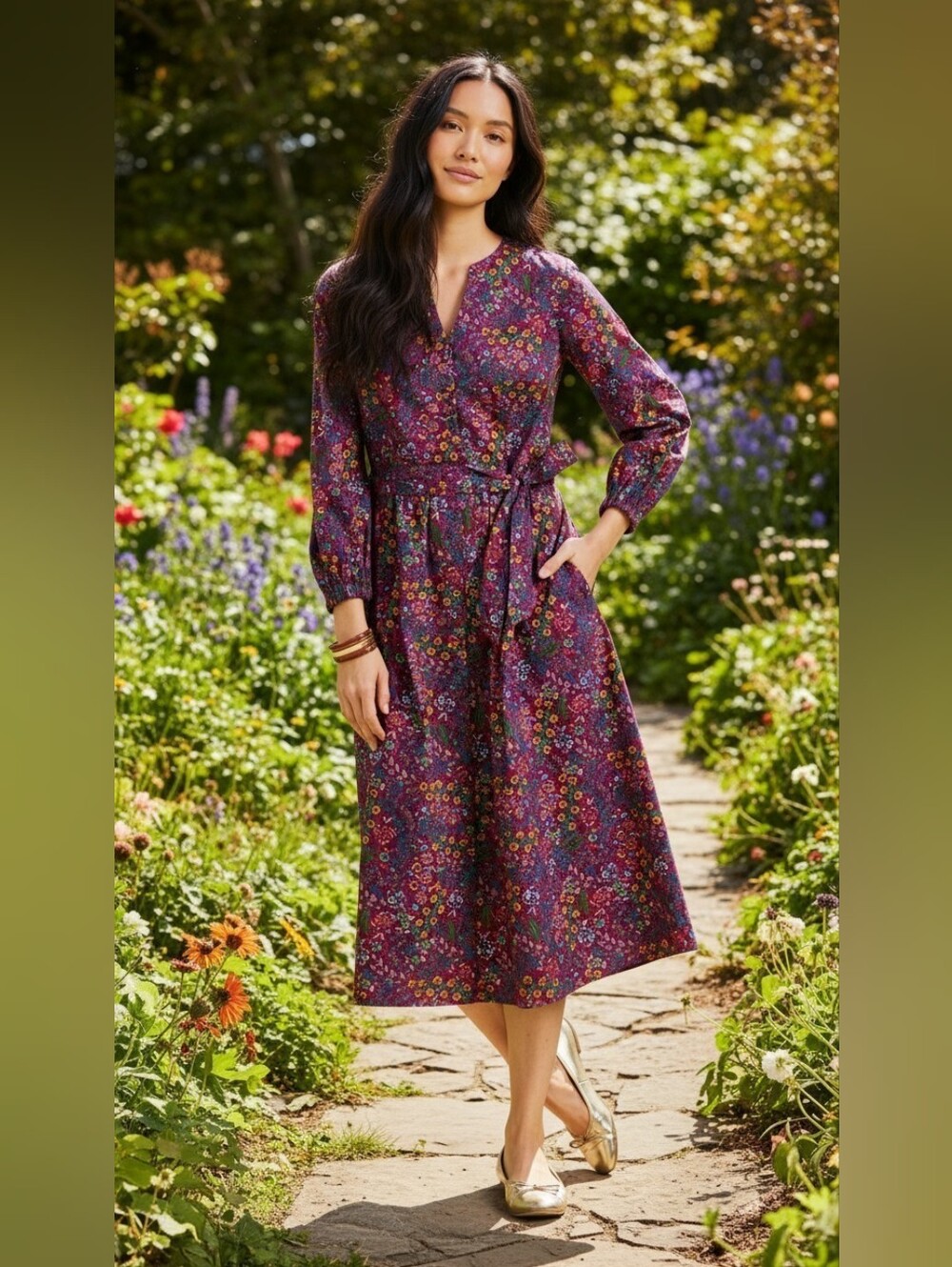 #281 Talbots Plum Floral Midi Dress with Tie Waist